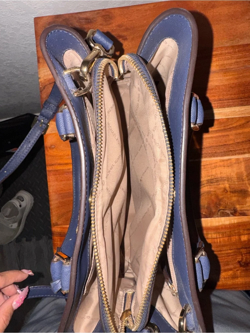 Michael Kors Navy Saffiano Satchel with Gold Accent